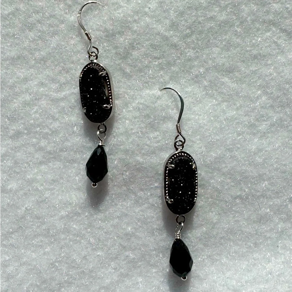 925 Sterling Silver Black Druzy Gemstone and Crystal Drop Earrings NEW